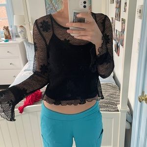 Black Mesh Embroidered Top
